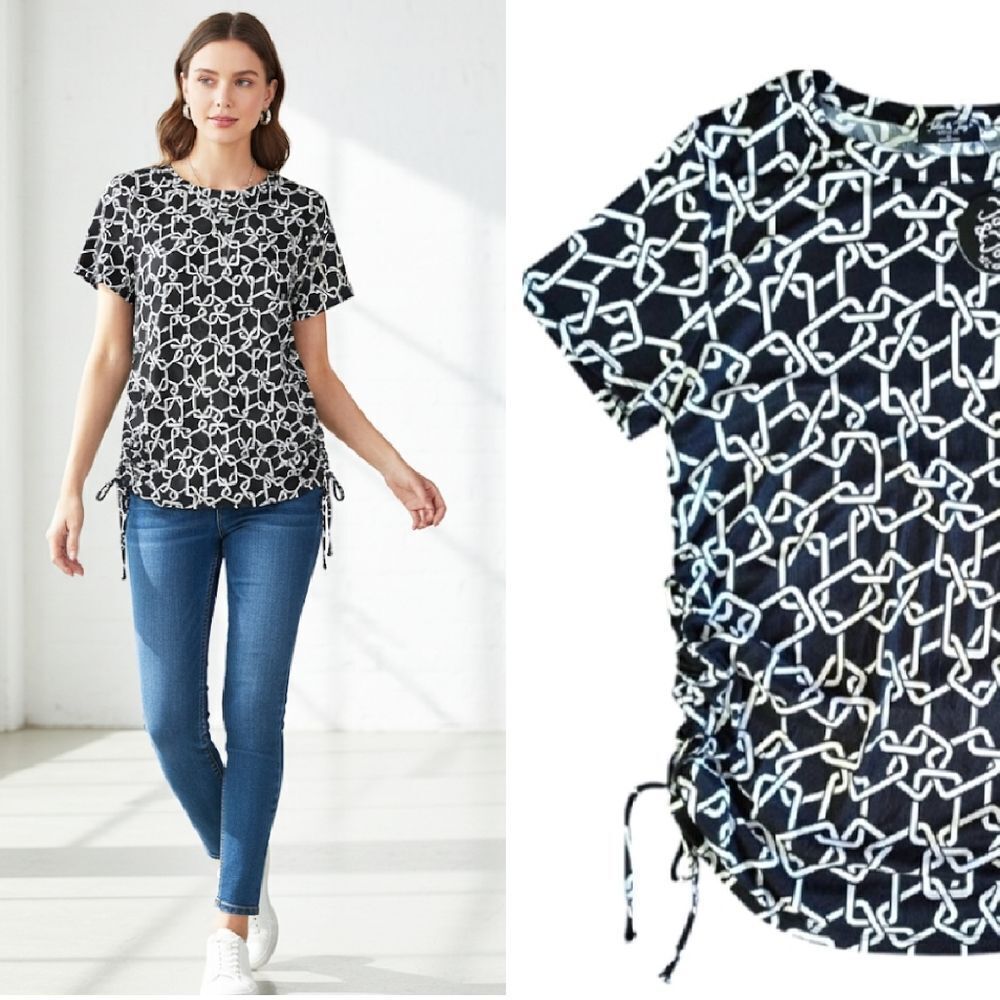 Jolie & Jolie Black White Chain Printed Side Tie Ruching Blouse‎ 2X NWT